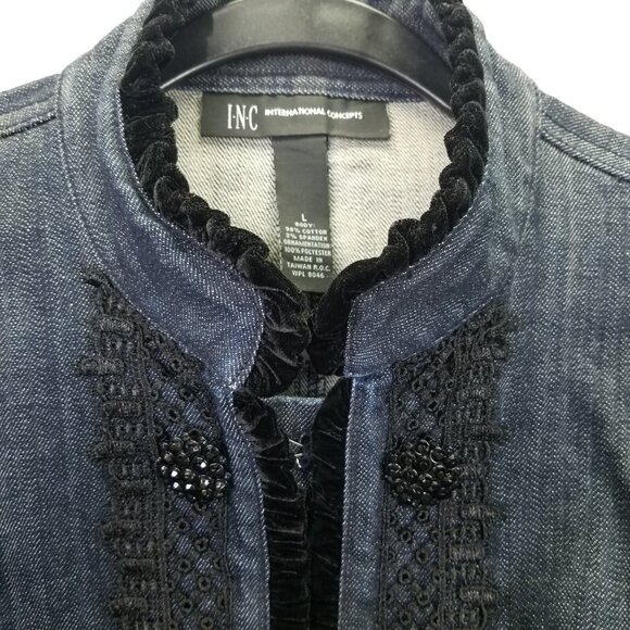 I.N.C. Jean Jacket Women's L Lace Velvet Beaded Button Hook Closure Denim VTG - Picture 16 of 16